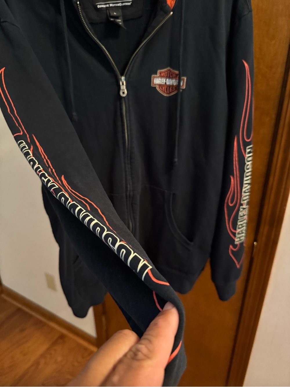 Harley-Davidson Black Hoodie with Orange Hood and Flame Sleeves - Picture 5 of 13